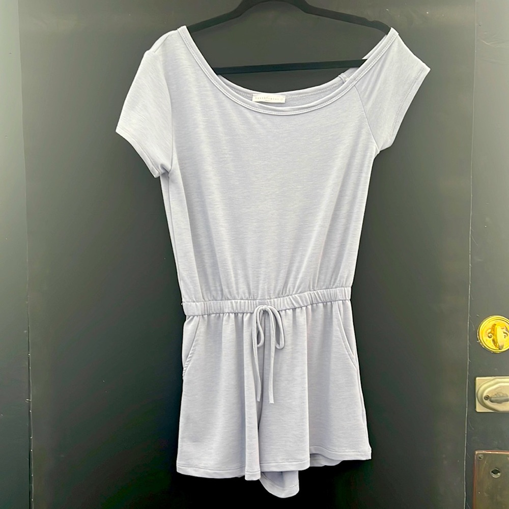 Wasabi+Mint light blue off the shoulder romper